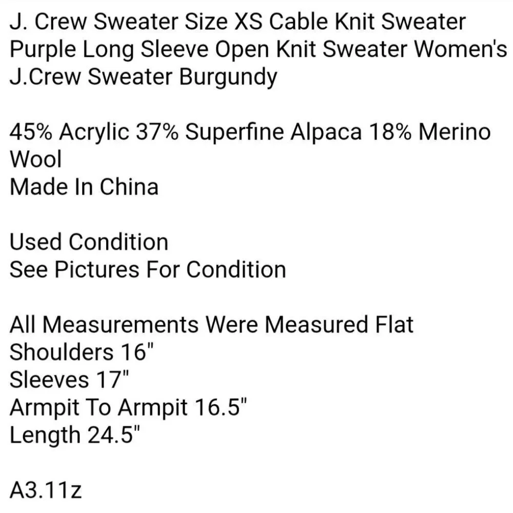 J. Crew Sweater Size XS Cable Knit Sweater Purple Long Sleeve Open Knit Sweater